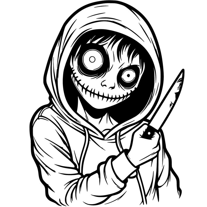 mad and insane girl in hoodie with the hoodie over most of the faceand is holding a knife