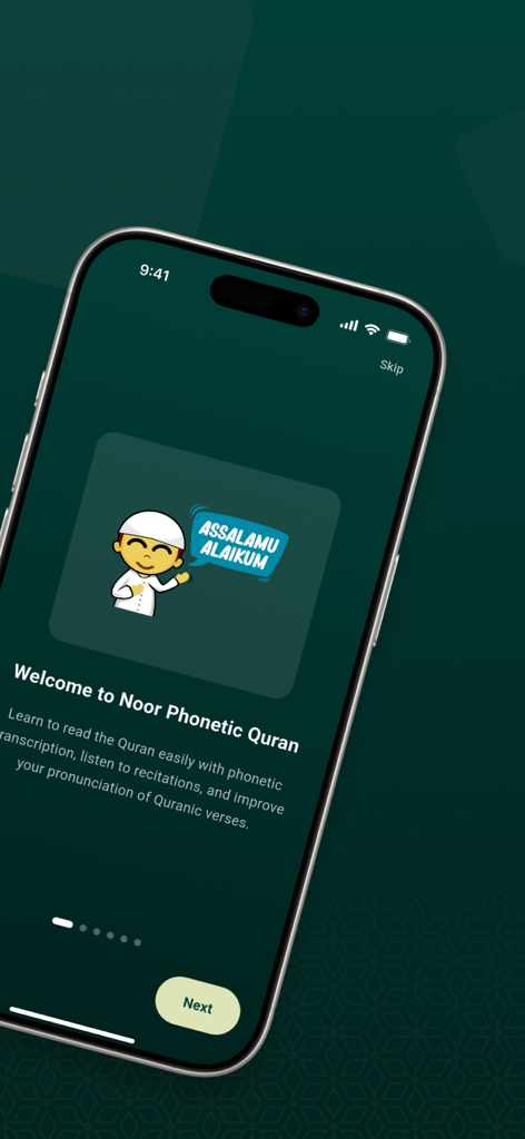 Noor: Phonetic Quran Guide - Welcome screen of the Noor Phonetic Quran app featuring a cartoon character greeting and an introduction to learning features