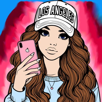realistic beautiful girl wearing los ángeles cap holding an iphone