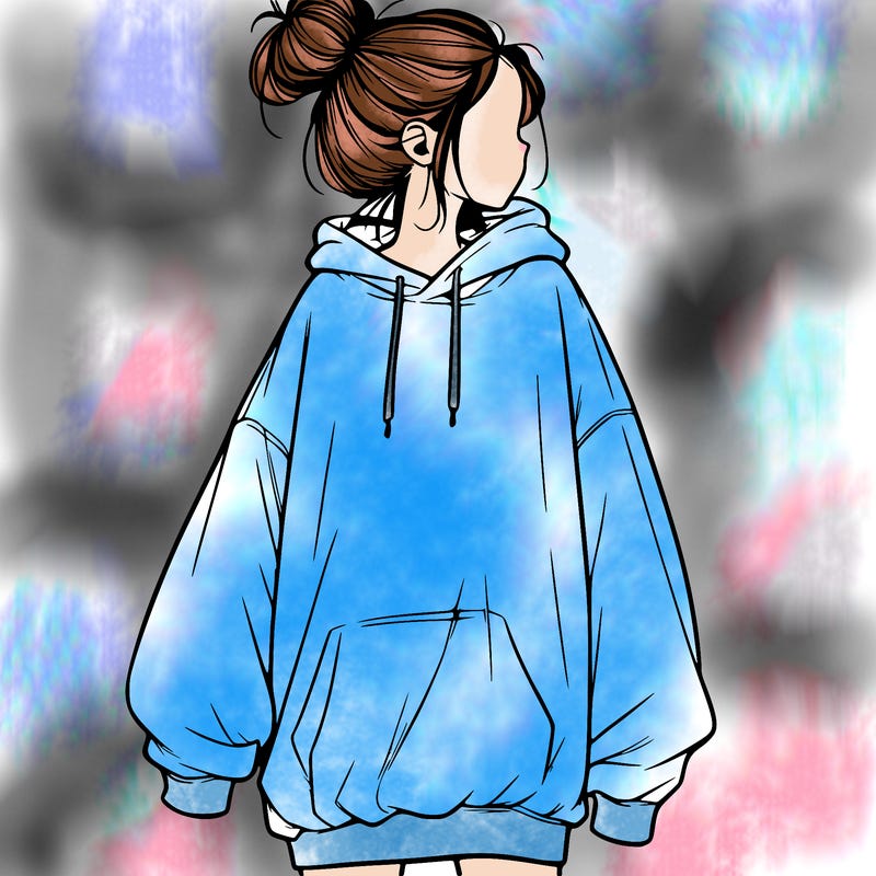 realistic girl with a oversized sweatshirt on and a bun