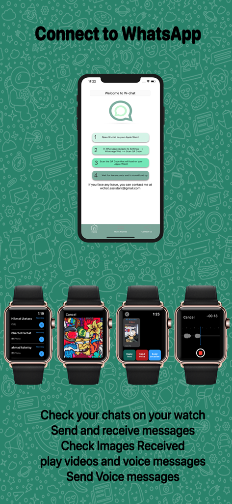 WChat:Chat For Watch - A promotional image of WChat showing the connection process on an iPhone and messaging features on four Apple Watches