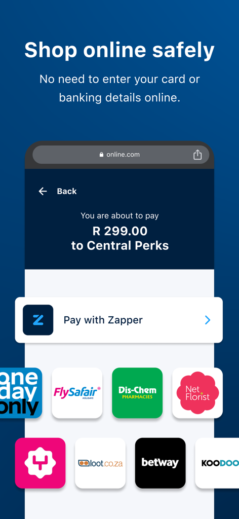 Zapper™ QR Payments & Rewards - A mobile app screen for Zapper showing a secure online payment interface with merchant partner logos