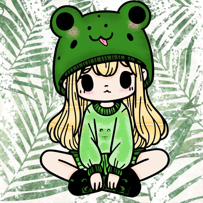 a girl wearing a frog hat and some frog socks
