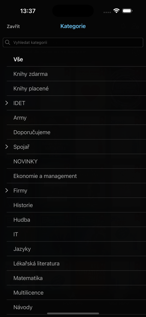 Publi - A list of educational book categories in the Publi app including sections for IT, Medicine, and Mathematics.