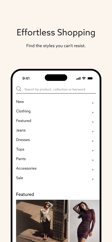 Dynamite: Online Fashion - Écran de recherche de l'application de mode Dynamite montrant des catégories comme les robes, les jeans et les styles en vedette.