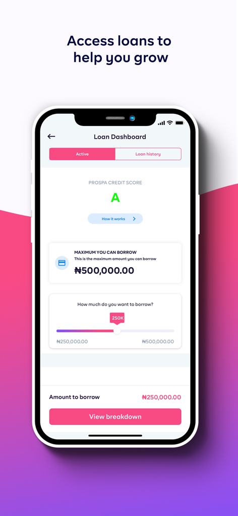 Prospa - Business Account - Painel de empréstimos de negócios do aplicativo móvel Prospa mostrando pontuação de crédito de negócios e opções de empréstimo em Naira