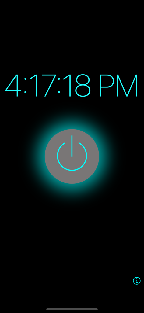 Interface minimalista com um grande relógio digital ciano e botão de ligar brilhante em um fundo preto