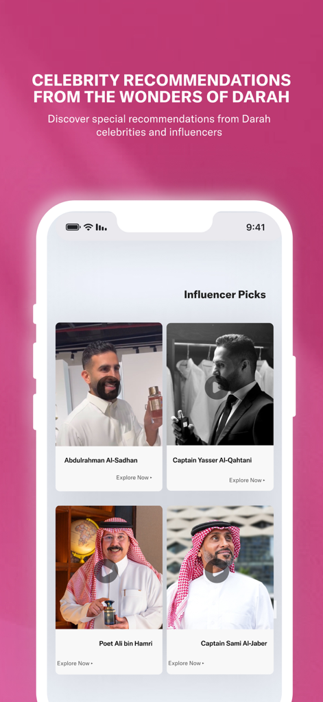 Deraah | درعــه - Mobile screen showing celebrity and influencer perfume recommendations in the Deraah app.