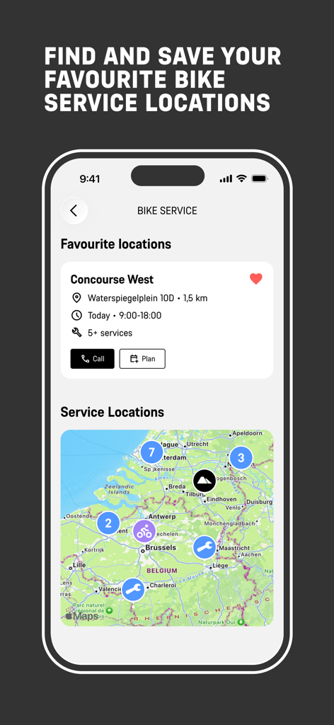 Canyon app screen showing favorite bike service locations and a map of repair shops.