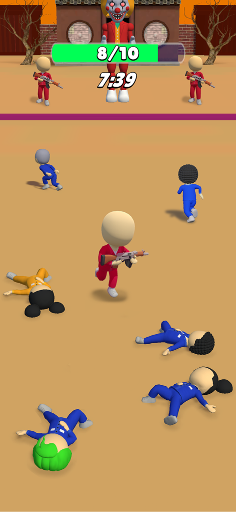 Prison Survival: Tap Challenge - Gameplay screenshot of Prison Survival Tap Challenge showing a red light green light inspired survival game with a giant clown