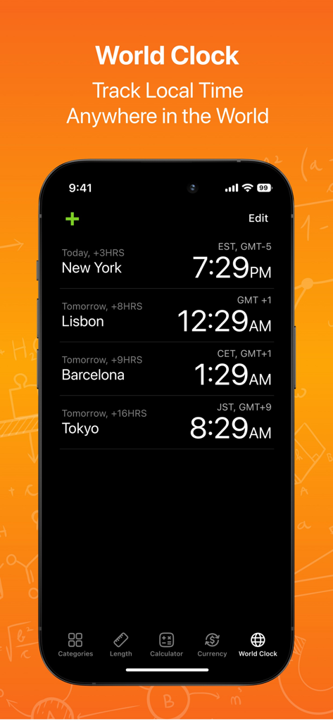 CalConvert: Pro Calculator $€ - World clock feature in the CalConvert app showing local times for New York Lisbon Barcelona and Tokyo
