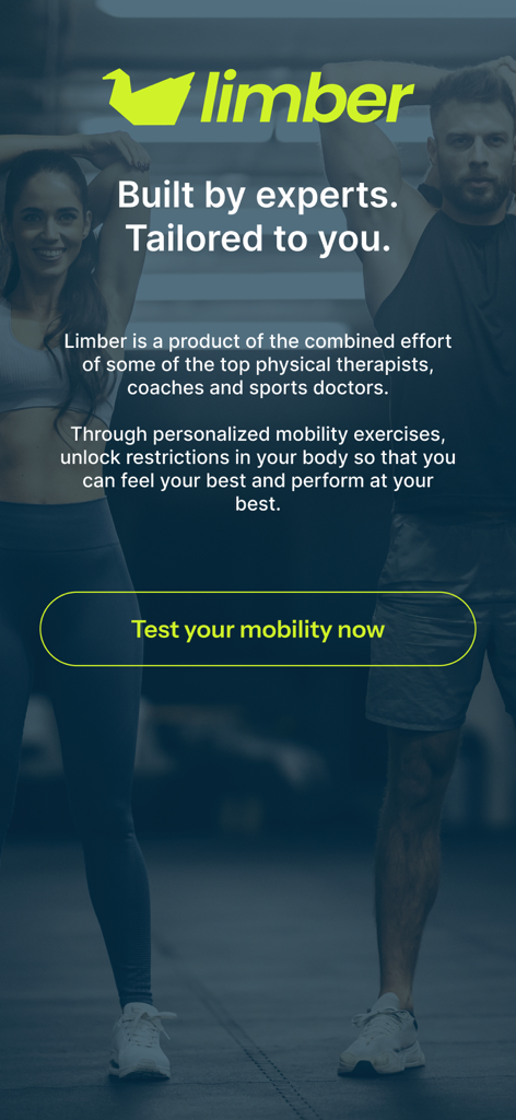 Limber app introduction screen featuring a personalized mobility test button and expert endorsements
