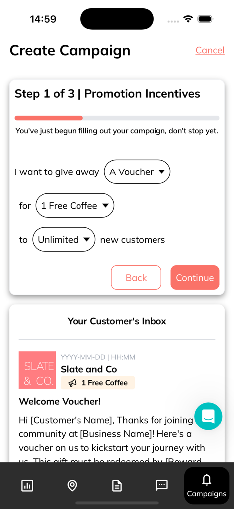 SQUID Business - Panel de la aplicación SQUID Business que muestra la creación de un vale de fidelización digital para clientes.
