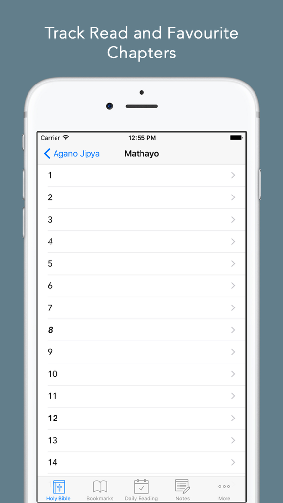 Swahili Bible: Easy to use Biblia Takatifu app for daily offline Bible book reading - Swahili Bible app interface showing a list of chapters for the Book of Matthew
