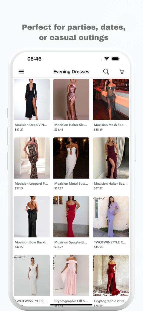 Una colección de vestidos de noche asequibles mostrados en una app de moda para compras móviles