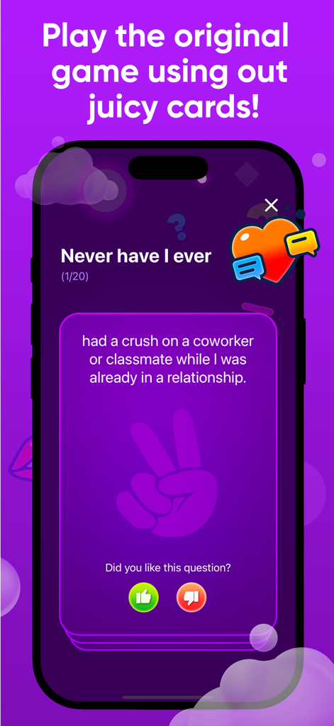 Exposed 2 - Guess who never ? - A screenshot of the Exposed 2 app showing a Never Have I Ever question card on a purple background.