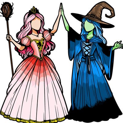 detailed realistic split of a princess and a witch
