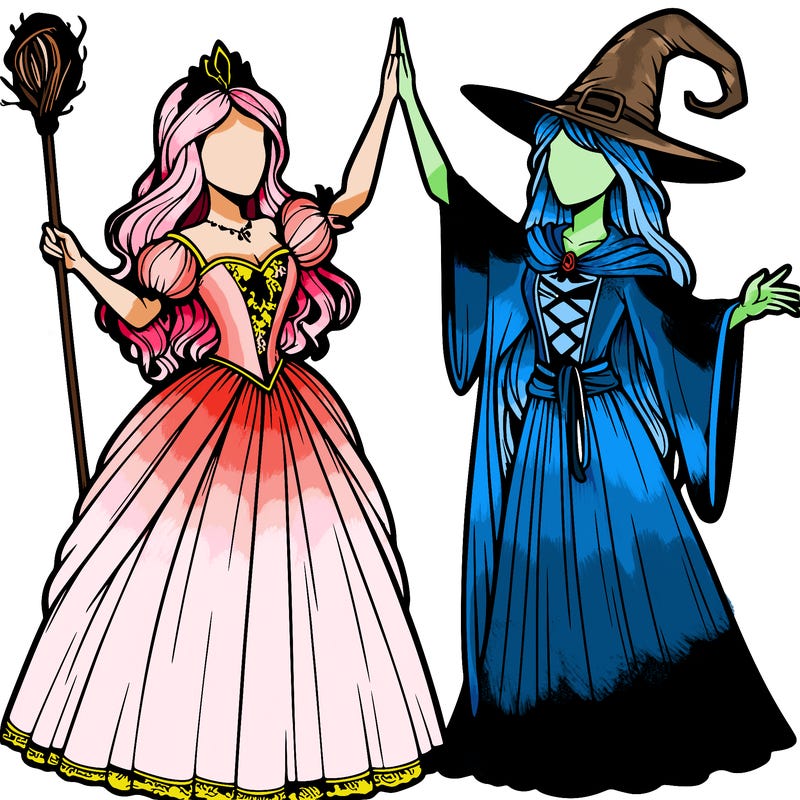 detailed realistic split of a princess and a witch