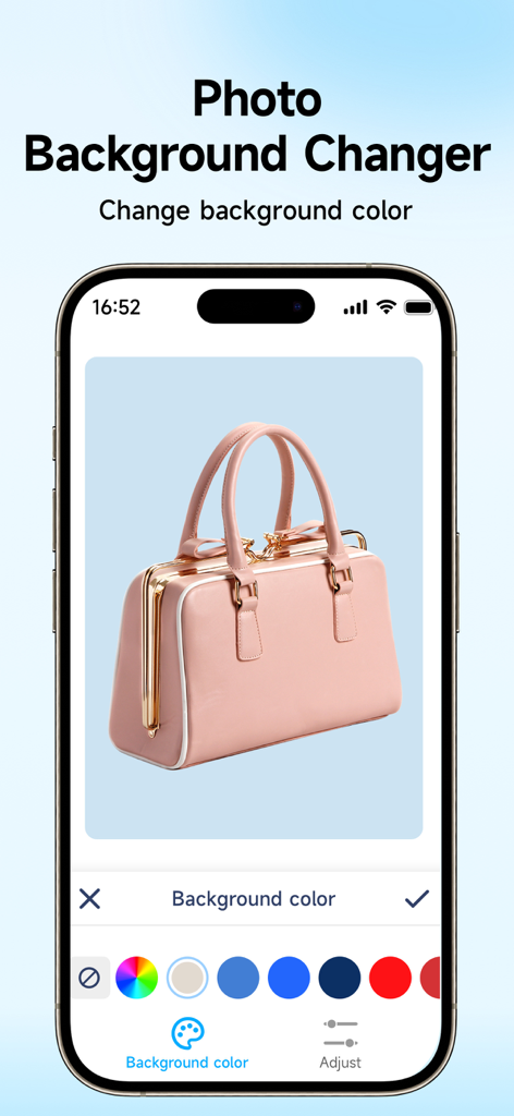 Background Remover - Erase BG - ピンクのハンドバッグの製品写真の背景色を変更する方法を示すiPhoneアプリインターフェイス