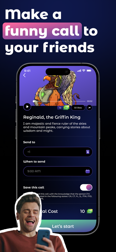 Better Call Timmy - Interfaz de la aplicación Better Call Timmy mostrando la configuración para una llamada de voz de IA con el personaje Reginald el Rey Grifo.
