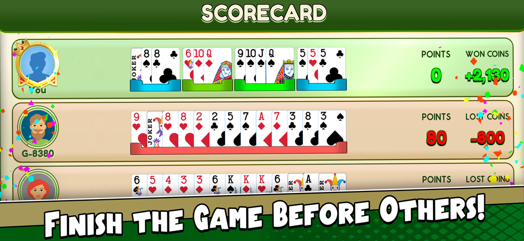 Rummy - The Card Game - Pantalla de puntuación del juego de Rummy indio que muestra puntos y monedas ganadas para varios jugadores