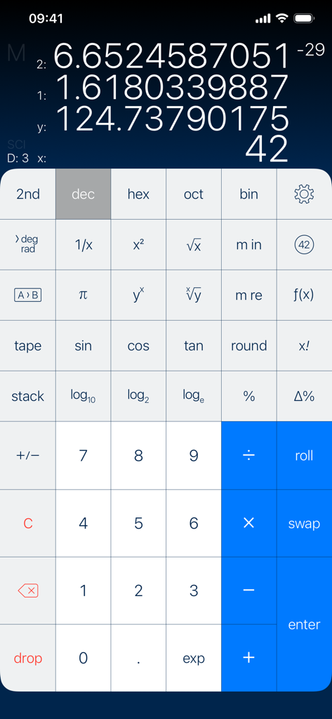 PCalc - Interfaz de la aplicación PCalc para iOS que muestra una calculadora científica con pantalla multilínea en modo RPN y funciones matemáticas avanzadas