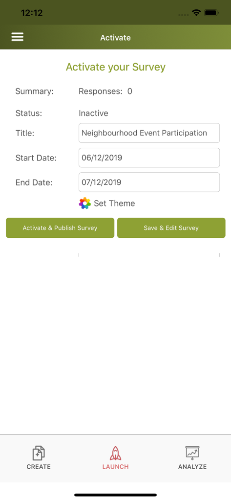 Survey Maker by SurveyCrest - Survey activation screen for publishing a new survey with start and end dates.