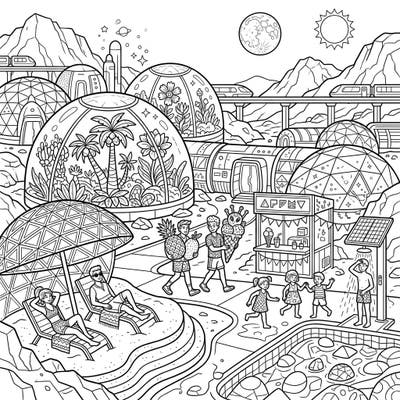Blast off for an extraordinary summer vacation right on the Red Planet with this imaginative coloring page! Explore a bustling Mars colony reimagined as a vibrant resort, complete with geodesic domes, playful activities, and futuristic treats awaiting your creative touch.