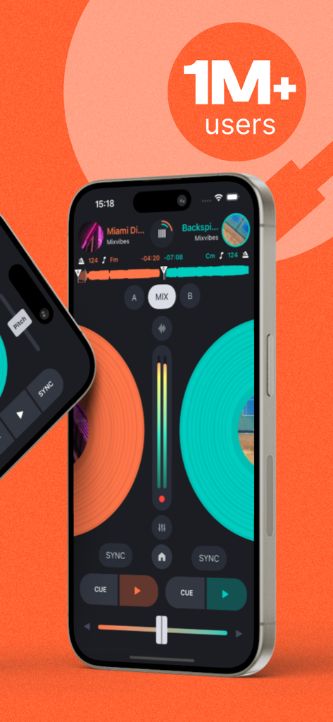 Cross DJ - Music Mixer App - Cross DJ music mixer mobile app interface on iPhone with dual decks and one million plus users badge