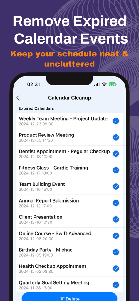 SmartClean: AI Photo & Storage - Interface of the SmartClean app on an iPhone showing a list of expired calendar events selected for deletion.