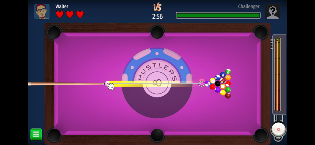 プレイヤーの体力バーが表示された紫色のプールテーブルとゲームプレイ