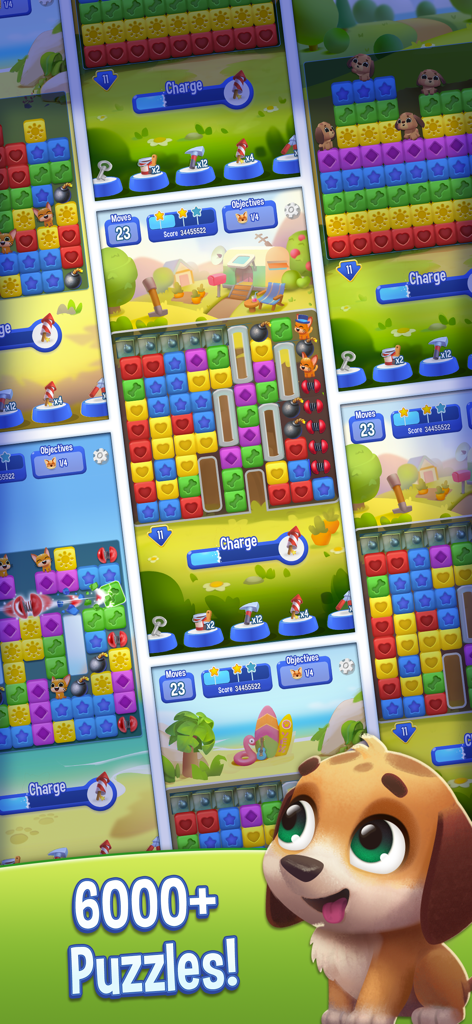 Capture d'écran du jeu mobile Pet Rescue Saga montrant différents niveaux de puzzle et un adorable chiot, avec le texte indiquant plus de 6000 puzzles.