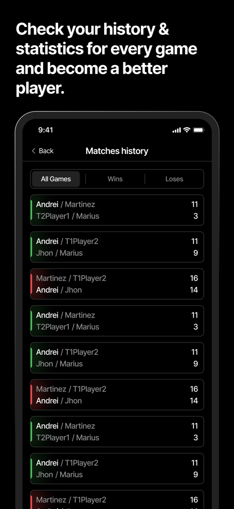 Matchkeeper - Pickleball - A smartphone screen displaying a list of previous pickleball matches with scores and results