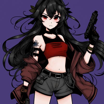 bad girl wearing crop top holding a gun long hair anime