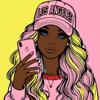 realistic beautiful girl wearing los ángeles cap holding an iphone