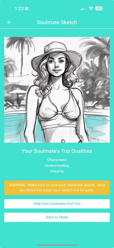 A hand-drawn style sketch of a woman in a swimsuit and sun hat by a pool with personality traits listed below.