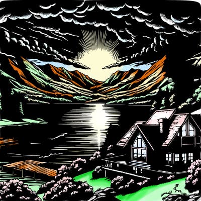 create a captivating artwork featuring a sunset over a scenic landscape. envision towering mountains silhouetted against a vibrant sky illuminated by the setting sun. reflective hues of orange, pink, and purple dance across the clouds, casting a warm glow over the serene waters of a tranquil lake below.

in the foreground, include a solitary house perched near the lakeshore—a rustic cabin or cozy cottage nestled amidst nature. pay attention to realistic details, such as the house's architectural features and surrounding elements like trees, rocks, or a small dock.

opt for a black background to emphasize the vivid colors of the sunset and add a dramatic touch to the composition. use artistic techniques like blending soft gradients for the sky, creating texture with brushstrokes for the mountains, and adding subtle reflections in the water to enhance realism.

focus on the interplay of light and shadow, capturing the peaceful ambiance of dusk. experiment with different art mediums, such as acrylics, oils, or digital tools, to bring your vision to life with depth and dimension.

let your creativity flow as you translate this picturesque scene into a visually captivating artwork that transports viewers to a tranquil moment in nature during the golden hour