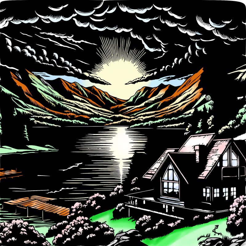 create a captivating artwork featuring a sunset over a scenic landscape. envision towering mountains silhouetted against a vibrant sky illuminated by the setting sun. reflective hues of orange, pink, and purple dance across the clouds, casting a warm glow over the serene waters of a tranquil lake below.

in the foreground, include a solitary house perched near the lakeshore—a rustic cabin or cozy cottage nestled amidst nature. pay attention to realistic details, such as the house's architectural features and surrounding elements like trees, rocks, or a small dock.

opt for a black background to emphasize the vivid colors of the sunset and add a dramatic touch to the composition. use artistic techniques like blending soft gradients for the sky, creating texture with brushstrokes for the mountains, and adding subtle reflections in the water to enhance realism.

focus on the interplay of light and shadow, capturing the peaceful ambiance of dusk. experiment with different art mediums, such as acrylics, oils, or digital tools, to bring your vision to life with depth and dimension.

let your creativity flow as you translate this picturesque scene into a visually captivating artwork that transports viewers to a tranquil moment in nature during the golden hour