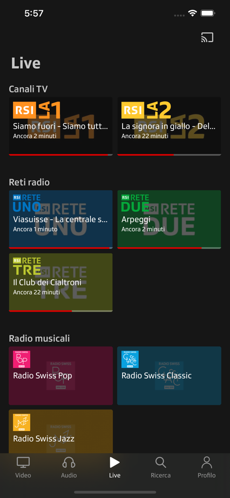 Play RSI - La sección en directo de la aplicación Play RSI que muestra una lista de canales de TV y radio suizo-italianos en directo.