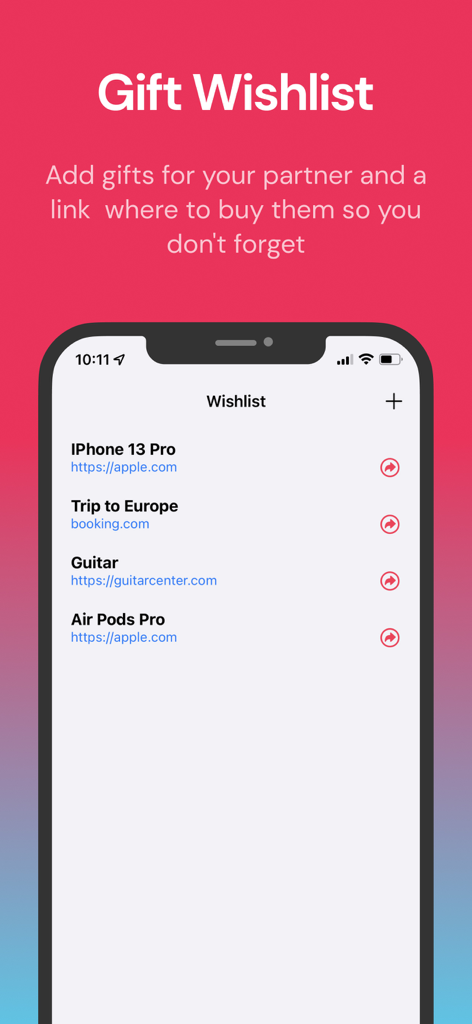 Screenshot of the Gift Wishlist feature in the We Together relationship app showing a list of gift ideas for partners