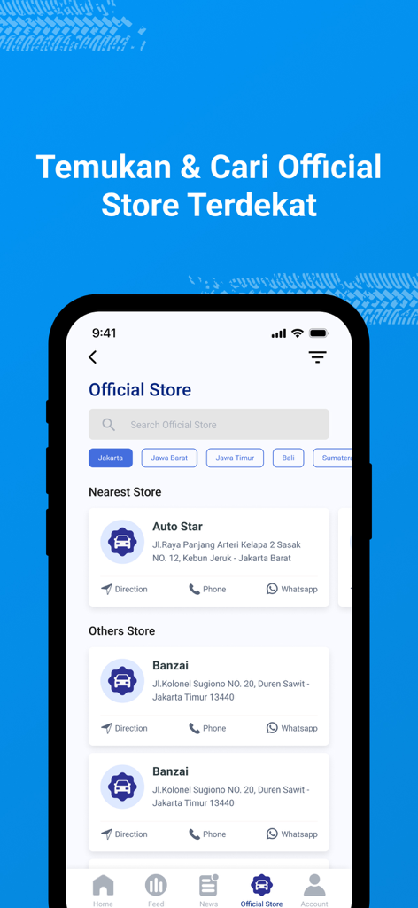 HSR Wheel - HSR Wheel mobile app interface showing official store locations with contact details and search filters