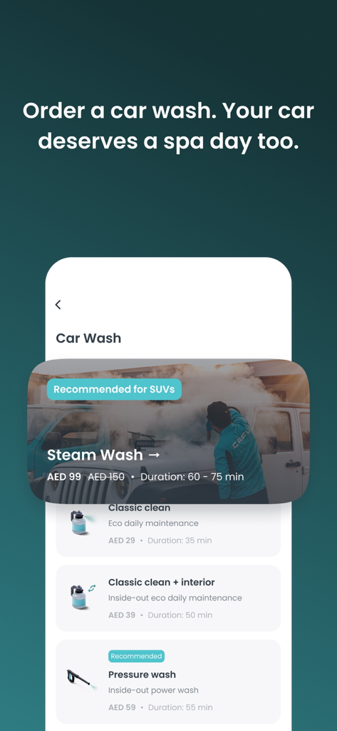 CAFU Fuel & Car Service To You - On-demand car wash service selection screen in the CAFU mobile app