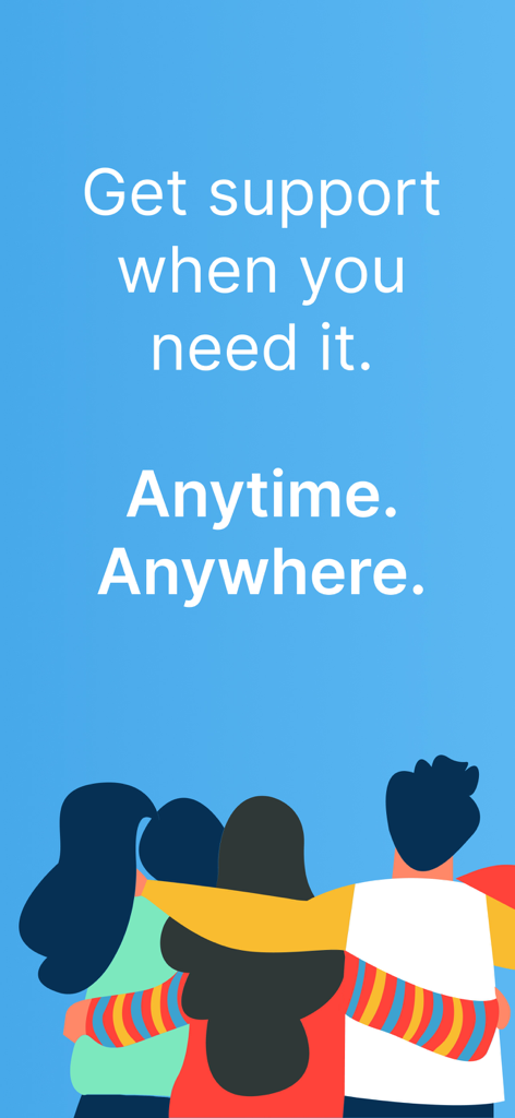 Illustration of a group of people supporting each other with the text Get support when you need it anytime anywhere