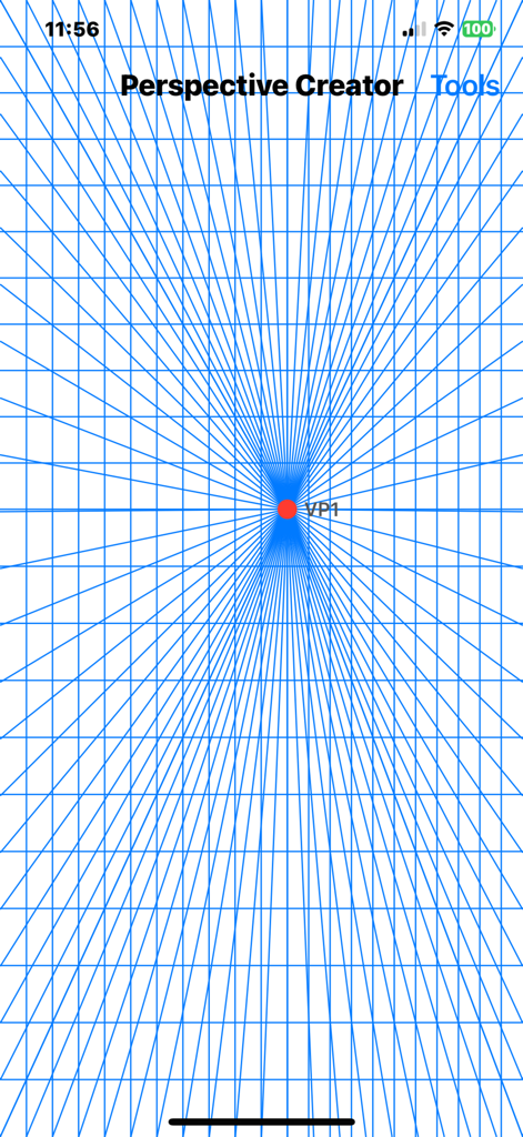 Perspective Creator - Perspective Creator app interface showing a one point blue grid converging at a central red vanishing point labeled VP1