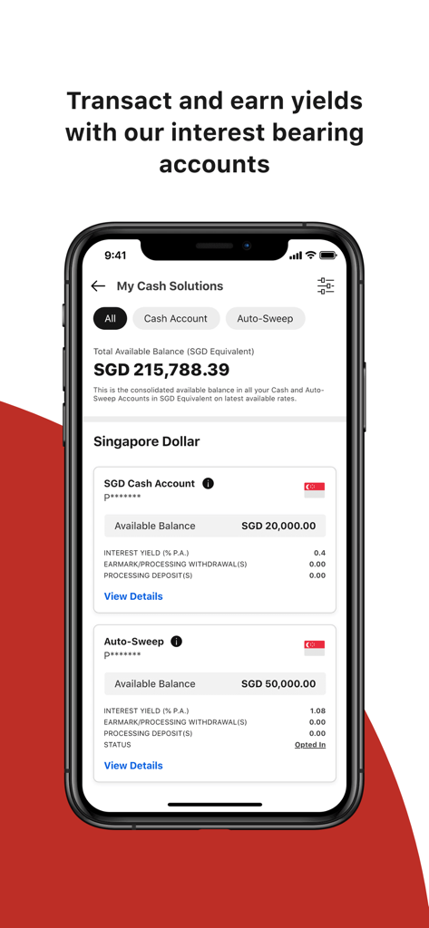 FSMOne - Invest Globally - FSMOne mobile dashboard showing cash account balances and interest yields in Singapore Dollars.