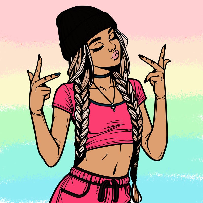 realistic teenage girl with braids and a beanie and crop top doing 🫶🏼