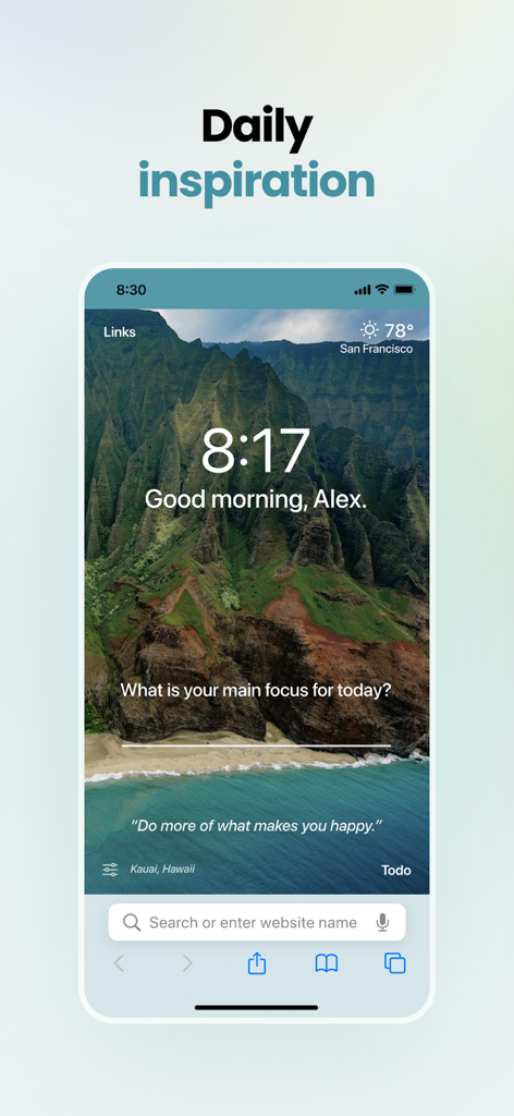 Momentum - Momentum App Dashboard mit Naturhintergrund und täglichem Fokus und Motivationszitat.