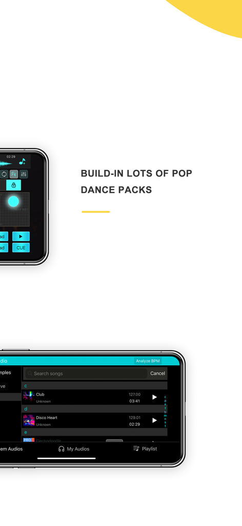 Interfaz de la aplicación DJ Mixer Studio con paquetes de baile pop incorporados y una biblioteca de música.