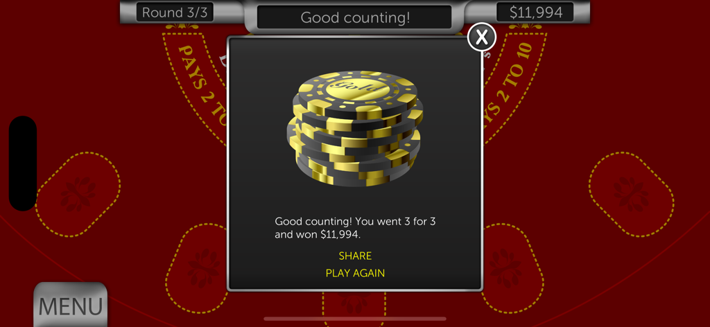 Card Counter Liteの勝利画面。獲得したポーカーチップとスコアが表示されている。