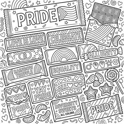 Indulge in a sweet celebration of diversity and love with our Pride Month chocolate and candies coloring page. This delightful design is packed with empowering messages and rainbow-themed treats, perfect for expressing your creativity.